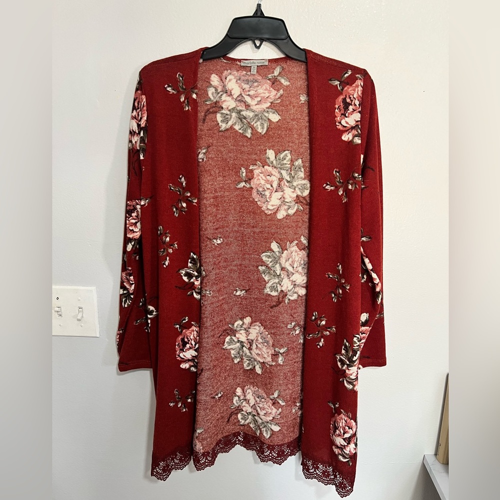 Burnt orange floral cardigan with lace